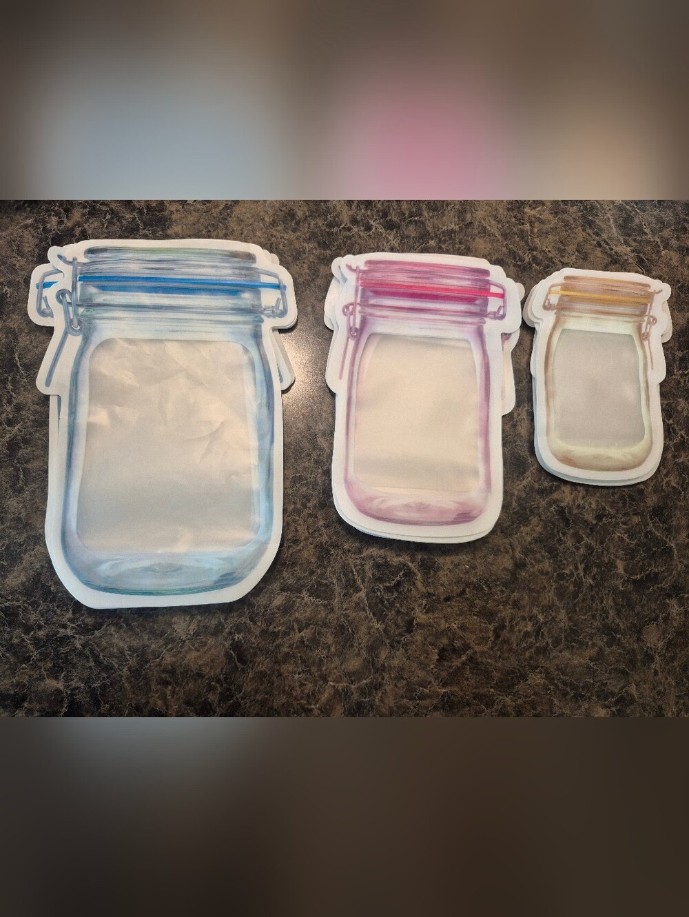 Mason Jar Zip-top Food Storage Bags in Blue, Pink, and Yellow